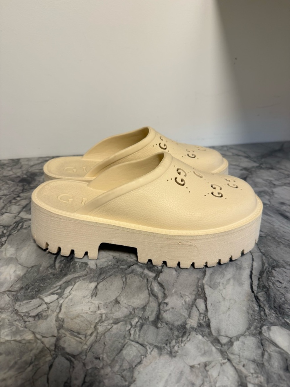 Gucci Cream Platform Clog Mules